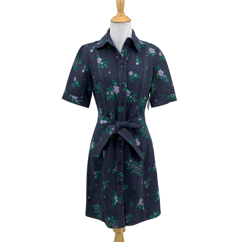 Shoshanna Dress Womens 2 Multi Archie Floral Print Denim Belted Button Up Mini